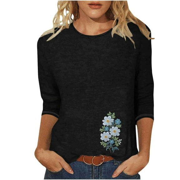CYMMPU Spring Tops Crew Neck Floral Pattern Summer Fashion Shirts Tunic Tops 3/4 Sleeve Loose Fit Blouses for Women Dressy Casual Lightweight Basic T-Shirts Black XXXXXL
