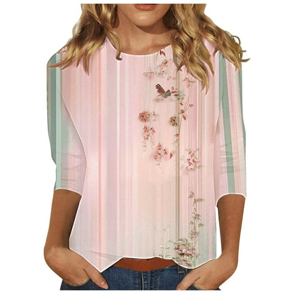 CYMMPU Spring Tops Crew Neck Floral Pattern Tunic Tops 3/4 Sleeve Fall Trendy Shirts Blouses for Women Dressy Casual Loose Fit Lightweight Basic Tees Pink M