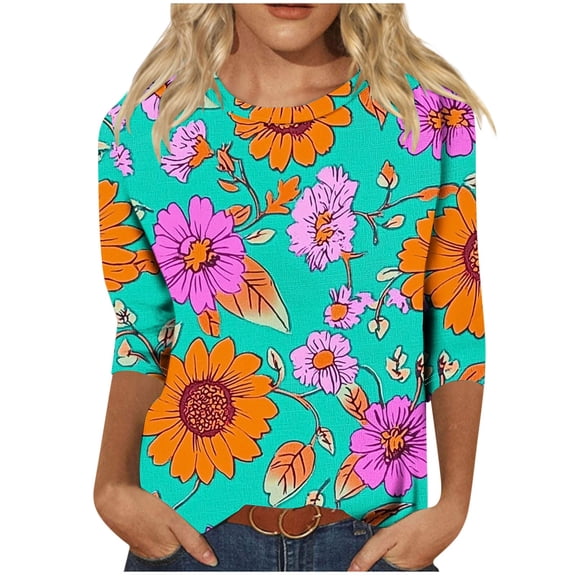 CYMMPU Spring Tops Crew Neck Floral Printed Blouses for Women Dressy Casual Tunic Tops Summer Trendy Shirts Loose Fit 3/4 Sleeve Empire Waist A Line T-Shirts Green M