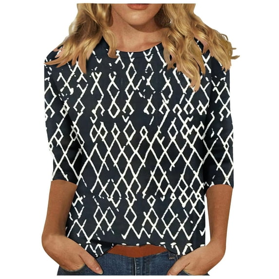 CYMMPU Spring Tops Crew Neck Geometric Printed Loose Fit Blouses for Women Dressy Casual Fall Fashion Shirts 3/4 Sleeve Tunic Tops Western T-Shirts XL