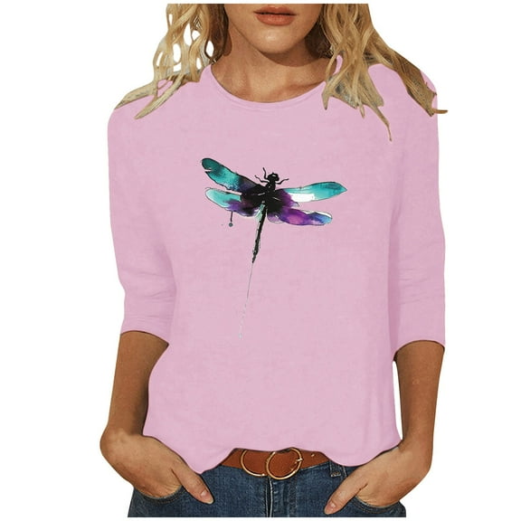 CYMMPU Spring Tops Crew Neck Loose Fit 3/4 Sleeve Blouses for Women Dressy Casual Summer Fashion Shirts Floral Printed Tunic Tops Lightweight Basic T-Shirts XL