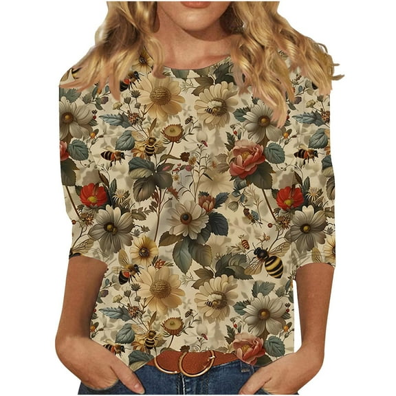 CYMMPU Spring Tops Crew Neck Loose Fit Bee Printed T-Shirts 3/4 Sleeve Summer Fashion Shirts Blouses for Women Dressy Casual Lightweight Basic T-Shirts Multicolor XXXXL