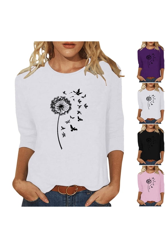 Spring Tops Crew Neck Loose Fit Fall Fashion Shirts Tunic Tops Boho Blouses for Women Dressy Casual 3/4 Sleeve Floral Pattern Lightweight Basic T-Shirts Purple S