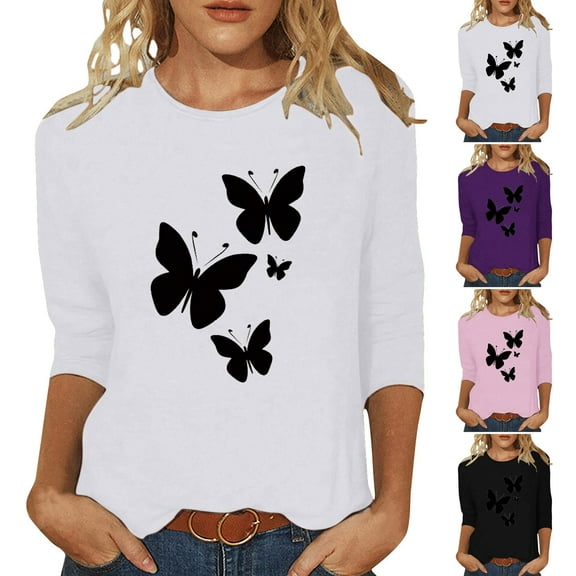 CYMMPU Spring Tops Crew Neck Loose Fit Summer Fashion Shirts Floral Pattern Tunic Tops 3/4 Sleeve Blouses for Women Dressy Casual Lightweight Basic T-Shirts Black XXXXL