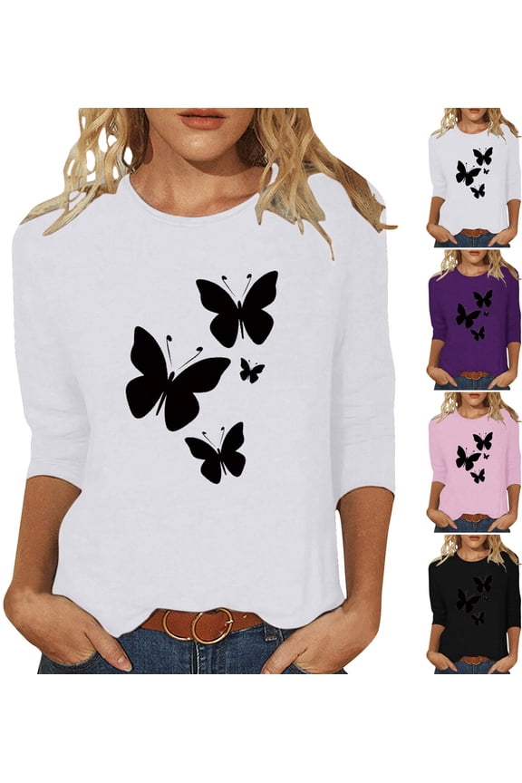 Spring Tops Crew Neck Loose Fit Summer Fashion Shirts Floral Pattern Tunic Tops 3/4 Sleeve Blouses for Women Dressy Casual Lightweight Basic T-Shirts Black XXXXL