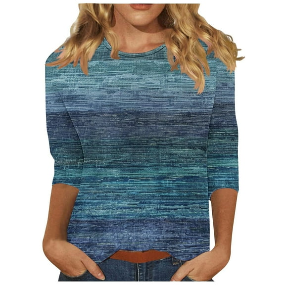 CYMMPU Spring Tops Crew Neck Striped Ombre Blouses for Women Dressy Casual 3/4 Sleeve Summer Fashion Shirts Loose Fit Tunic Tops Dye Tie T-Shirts Multicolor S