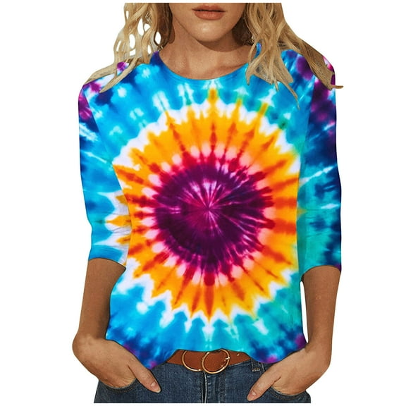 CYMMPU Spring Tops Crew Neck Summer Fashion Shirts 3/4 Sleeve Blouses for Women Dressy Casual Tie Dye Loose Fit Tunic Tops Ombre T-Shirts XXXXL