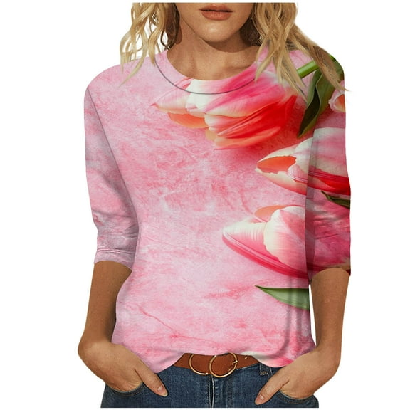 CYMMPU Spring Tops Crew Neck Summer Fashion Shirts 3/4 Sleeve Floral Pattern Tunic Tops Loose Fit Blouses for Women Dressy Casual Mother's Gift Topss Pink L