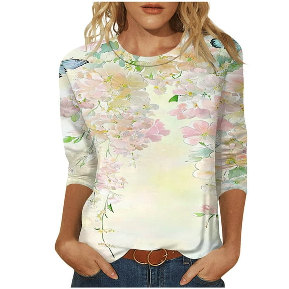 CYMMPU Spring Tops Crew Neck Summer Trendy Shirts 3/4 Sleeve Floral Printed Loose Fit Tunic Tops Boho Blouses for Women Dressy Casual Mother's Gift Tops T-Shirts Green XL
