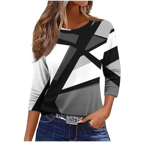 CYMMPU Spring Tops Crew Neck Tunic Tops 3/4 Sleeve Flower Printed Summer Fashion Shirts Loose Fit Blouses for Women Dressy Casual Lightweight Basic T-Shirts Gray S