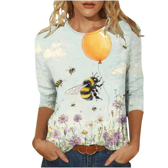 CYMMPU Spring Tops Crew Neck Tunic Tops 3/4 Sleeve Loose Fit Bee Pattern Blouses for Women Dressy Casual Fall Trendy Shirts Lightweight Basic Tees Multicolor L