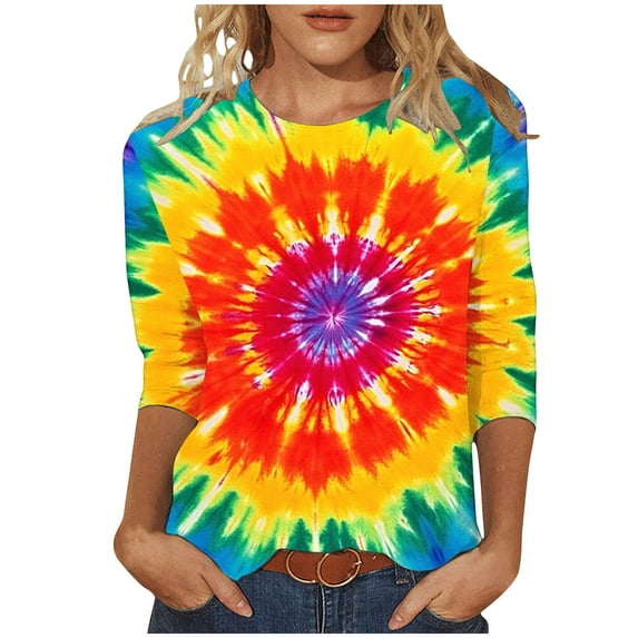 CYMMPU Spring Tops Crew Neck Tunic Tops Fall Fashion Shirts Loose Fit Blouses for Women Dressy Casual 3/4 Sleeve Tie Dye Ombre T-Shirts Multicolor XL