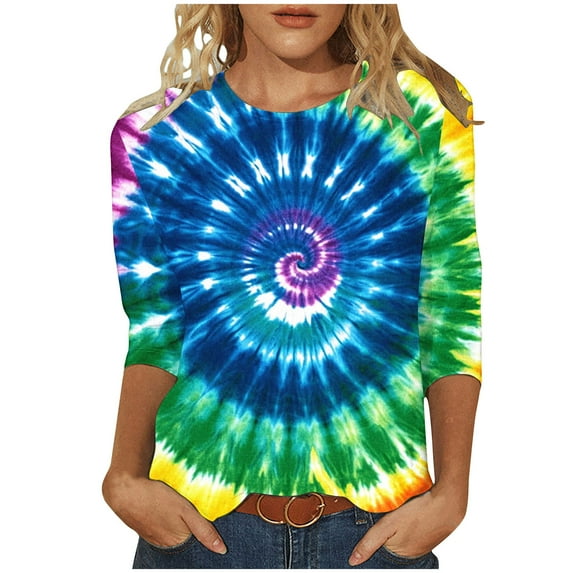 CYMMPU Spring Tops Crew Neck Tunic Tops Fall Trendy Shirts Loose Fit 3/4 Sleeve Blouses for Women Dressy Casual Tie Dye Ombre T-Shirts Multicolor M