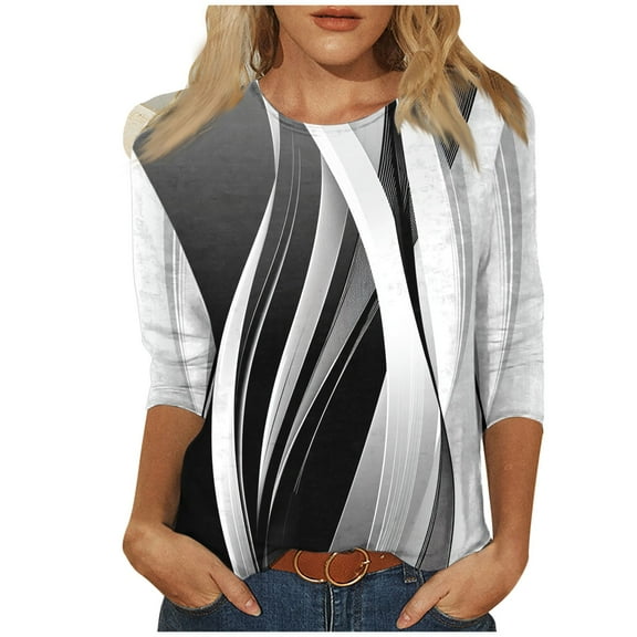 CYMMPU Spring Tops Crew Neck Tunic Tops Loose Fit Blouses for Women Dressy Casual 3/4 Sleeve Summer Fashion Shirts Floral Printed Lightweight Basic T-Shirts Purple M