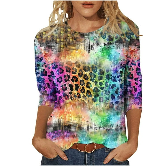 CYMMPU Spring Tops Crew Neck Tunic Tops Loose Fit Blouses for Women Dressy Casual Tie Dye Ombre 3/4 Sleeve Fall Fashion Shirts Lightweight Basic T-Shirts Multicolor XXL