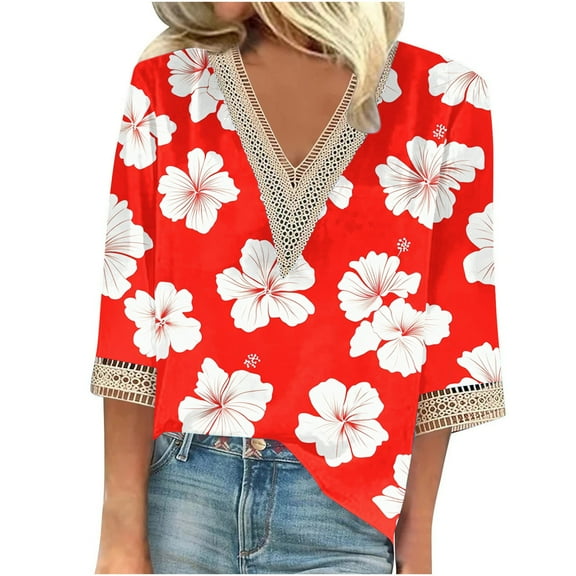 CYMMPU Spring Tops Lace V Neck Floral Printed Tunic Tops Summer Fashion Shirts Loose Fit 3/4 Sleeve Blouses for Women Dressy Casual Business Elegant Work Topss Watermelon Red XL