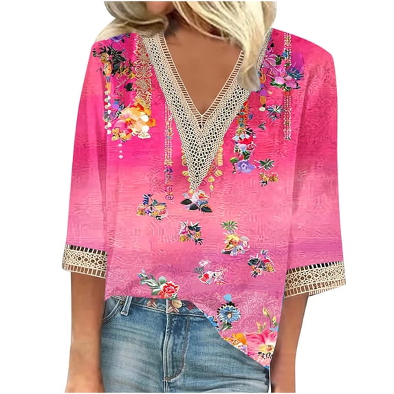 CYMMPU Spring Tops Lace V Neck Flower Pattern Tunic Tops Boho Blouses for Women Dressy Casual Loose Fit Summer Fashion Shirts 3/4 Sleeve Business Elegant Work Topss Hot Pink L