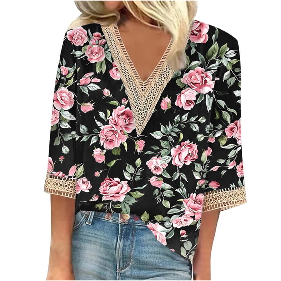 CYMMPU Spring Tops Lace V Neck Summer Fashion Shirts Loose Fit Tunic Tops Flower Pattern 3/4 Sleeve Blouses for Women Dressy Casual Business Elegant Work Topss Pink XL