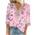 thumbnail image 1 of CYMMPU Spring Tops Lace V Neck Tunic Tops Flower Printed Loose Fit Fall Trendy Shirts Blouses for Women Dressy Casual 3/4 Sleeve Business Elegant Work Tops T-Shirts Pink XL, 1 of 5