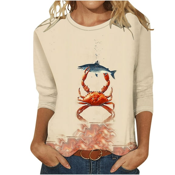 CYMMPU Spring Tops Round Neck 3/4 Sleeve Floral Pattern Blouses for Women Dressy Casual Loose Fit Tunic Tops Fall Fashion Shirts Lightweight Basic T-Shirts Multicolor XXL