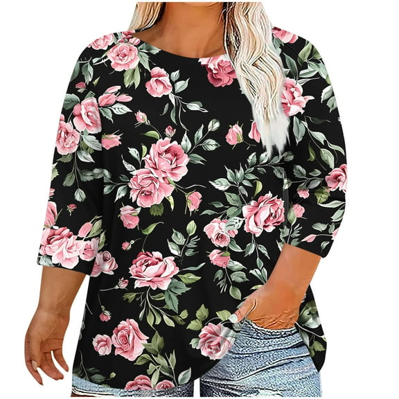 CYMMPU Spring Tops Round Neck 3/4 Sleeve Loose Fit Tunic Tops Floral Pattern Blouses for Women Dressy Casual Fall Fashion Shirts Plus Size Blouse XXL