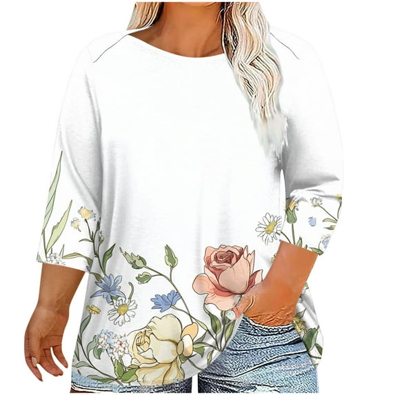 CYMMPU Spring Tops Round Neck 3/4 Sleeve Loose Fit Tunic Tops Flower Pattern Summer Trendy Shirts Blouses for Women Dressy Casual Plus Size T-Shirt XXXL