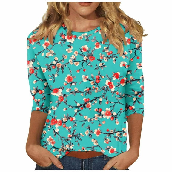 CYMMPU Spring Tops Round Neck 3/4 Sleeve Loose Fit Tunic Tops Summer Trendy Shirts Flower Pattern Blouses for Women Dressy Casual Lightweight Basic Tees Multicolor L