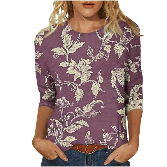 CYMMPU Spring Tops Round Neck 3/4 Sleeve Tunic Tops Flower Pattern Loose Fit Blouses for Women Dressy Casual Fall Trendy Shirts Lightweight Basic Tees Multicolor XXL