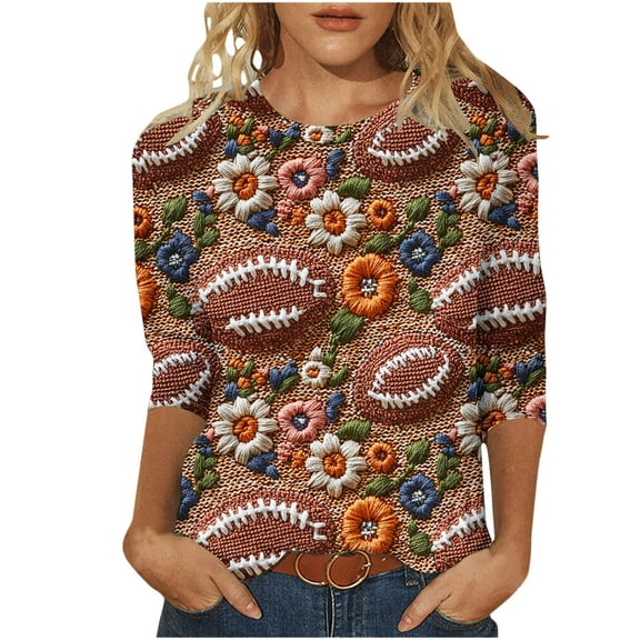 CYMMPU Spring Tops Round Neck 3/4 Sleeve Tunic Tops Summer Fashion Shirts Flower Printed Loose Fit Blouses for Women Dressy Casual Lightweight Basic T-Shirts L