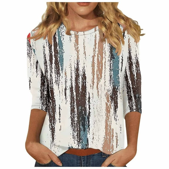 CYMMPU Spring Tops Round Neck Blouses for Women Dressy Casual 3/4 Sleeve Flower Printed Fall Fashion Shirts Loose Fit Lightweight Basic T-Shirts Multicolor XXXXL