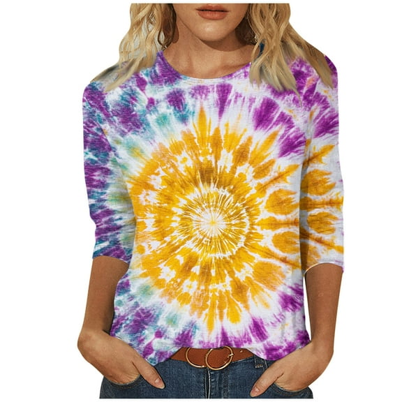 CYMMPU Spring Tops Round Neck Fall Fashion Shirts Blouses for Women Dressy Casual 3/4 Sleeve Tunic Tops Flower Pattern Loose Fit Lightweight Basic T-Shirts M