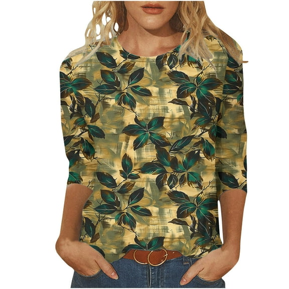 CYMMPU Spring Tops Round Neck Floral Printed Tunic Tops Fall Trendy Shirts Blouses for Women Dressy Casual 3/4 Sleeve Loose Fit Lightweight Basic Tees Multicolor XXL