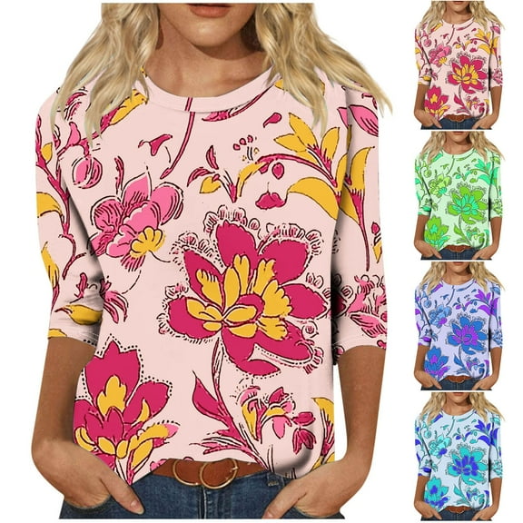 CYMMPU Spring Tops Round Neck Flower Pattern 3/4 Sleeve Loose Fit Tunic Tops Summer Fashion Shirts Blouses for Women Dressy Casual Pleated Dressy T-Shirts Green S