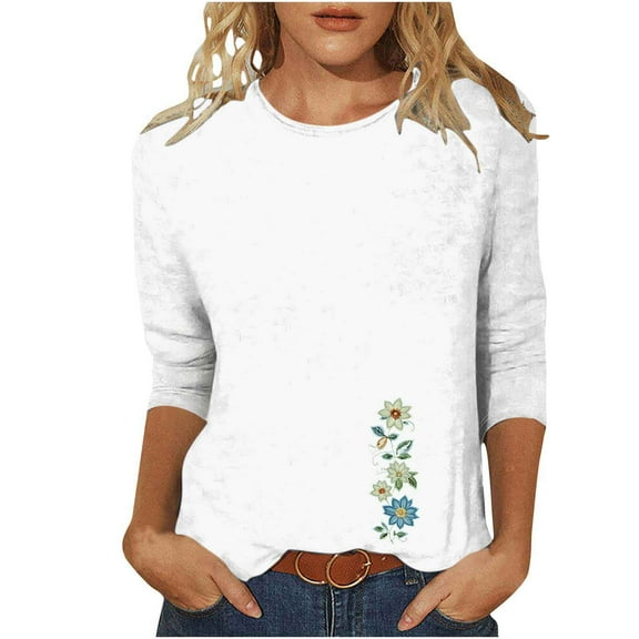 CYMMPU Spring Tops Round Neck Flower Printed Fall Fashion Shirts T-Shirts 3/4 Sleeve Blouses for Women Dressy Casual Loose Fit Lightweight Basic T-Shirts White M