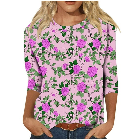 CYMMPU Spring Tops Round Neck Flower Printed Tunic Tops Boho Blouses for Women Dressy Casual 3/4 Sleeve Fall Fashion Shirts Loose Fit Pleated Dressy T-Shirts Hot Pink XXL