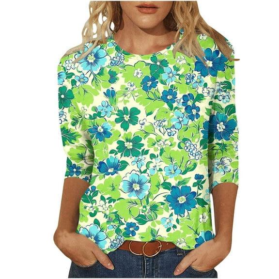 CYMMPU Spring Tops Round Neck Loose Fit 3/4 Sleeve Tunic Tops Fall Trendy Shirts Blouses for Women Dressy Casual Flower Pattern Lightweight Basic Tees Multicolor S