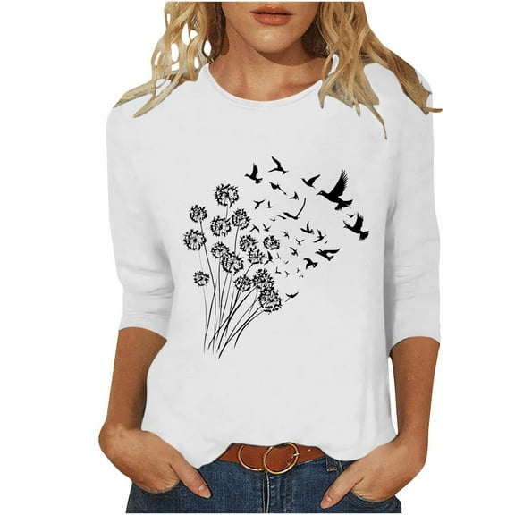 CYMMPU Spring Tops Round Neck Loose Fit Blouses for Women Dressy Casual Flower Pattern Fall Trendy Shirts 3/4 Sleeve Tunic Tops Lightweight Basic Tees White XL