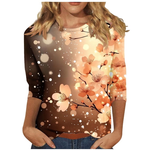 CYMMPU Spring Tops Round Neck Loose Fit Floral Pattern 3/4 Sleeve Tunic Tops Summer Fashion Shirts Blouses for Women Dressy Casual Lightweight Basic T-Shirts Multicolor XXXL