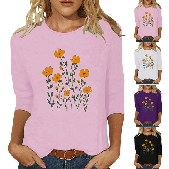 CYMMPU Spring Tops Round Neck Loose Fit Tunic Tops 3/4 Sleeve Floral Printed Blouses for Women Dressy Casual Fall Trendy Shirts Lightweight Basic Tees XXXXXL