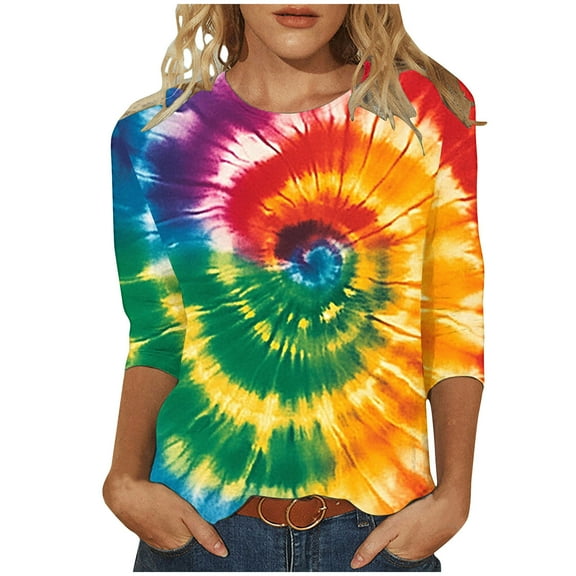 CYMMPU Spring Tops Round Neck Summer Fashion Shirts 3/4 Sleeve Tunic Tops Loose Fit Tie Dye Blouses for Women Dressy Casual Ombre T-Shirts XXXXL