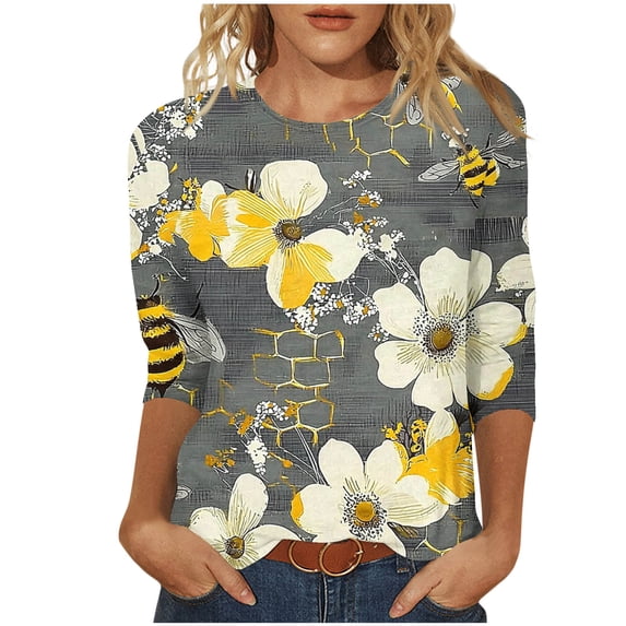 CYMMPU Spring Tops Round Neck Summer Trendy Shirts Tunic Tops Loose Fit Blouses for Women Dressy Casual Floral Printed 3/4 Sleeve Lightweight Basic Tees XXL