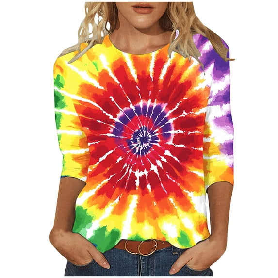 CYMMPU Spring Tops Round Neck Tie Dye Tunic Tops Loose Fit Blouses for Women Dressy Casual Summer Fashion Shirts 3/4 Sleeve Ombre T-Shirts Multicolor XXXL