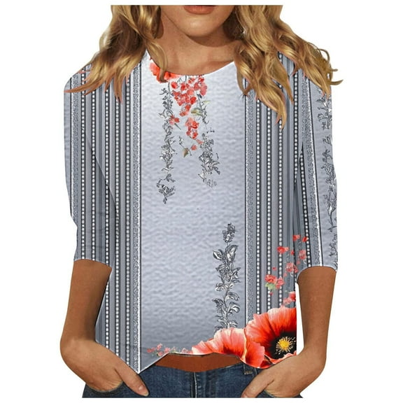 CYMMPU Spring Tops Round Neck Tunic Tops 3/4 Sleeve Blouses for Women Dressy Casual Loose Fit Summer Trendy Shirts Flower Printed Lightweight Basic Tees Red S
