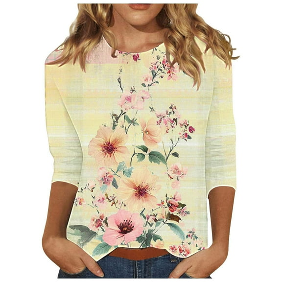 CYMMPU Spring Tops Round Neck Tunic Tops 3/4 Sleeve Blouses for Women Dressy Casual Summer Fashion Shirts Loose Fit Flower Pattern Lightweight Basic T-Shirts Pink XXXL