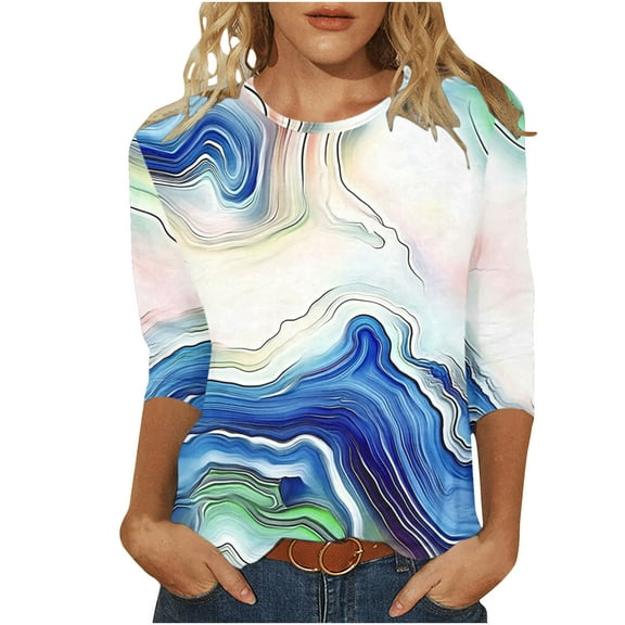 CYMMPU Spring Tops Round Neck Tunic Tops 3/4 Sleeve Floral Printed Blouses for Women Dressy Casual Fall Fashion Shirts Loose Fit Lightweight Basic T-Shirts Multicolor S