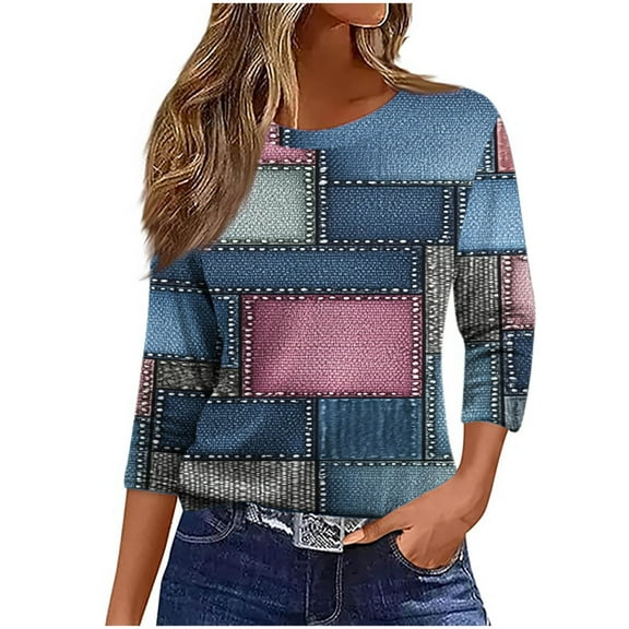 CYMMPU Spring Tops Round Neck Tunic Tops 3/4 Sleeve Floral Printed Fall Trendy Shirts Blouses for Women Dressy Casual Loose Fit Lightweight Basic Tees Navy XL