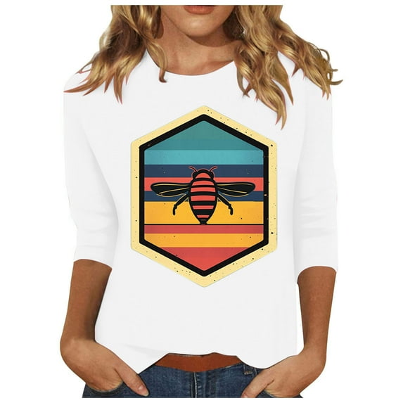 CYMMPU Spring Tops Round Neck Tunic Tops Bee Printed Blouses for Women Dressy Casual Fall Fashion Shirts 3/4 Sleeve Loose Fit Lightweight Basic T-Shirts White XL