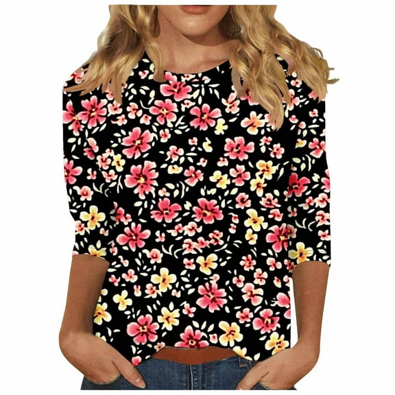 CYMMPU Spring Tops Round Neck Tunic Tops Boho Blouses for Women Dressy Casual 3/4 Sleeve Fall Trendy Shirts Flower Pattern Loose Fit Lightweight Basic Tees Multicolor XXL