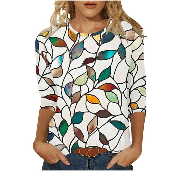 CYMMPU Spring Tops Round Neck Tunic Tops Boho Blouses for Women Dressy Casual Loose Fit Summer Fashion Shirts Floral Printed 3/4 Sleeve Lightweight Basic T-Shirts Multicolor M