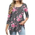 thumbnail image 1 of CYMMPU Spring Tops Scoop Neck 3/4 Sleeve Flower Pattern Loose Fit Summer Fashion Shirts Tunic Tops Boho Blouses for Women Dressy Casual A-line Pleated Topss Gray S, 1 of 6